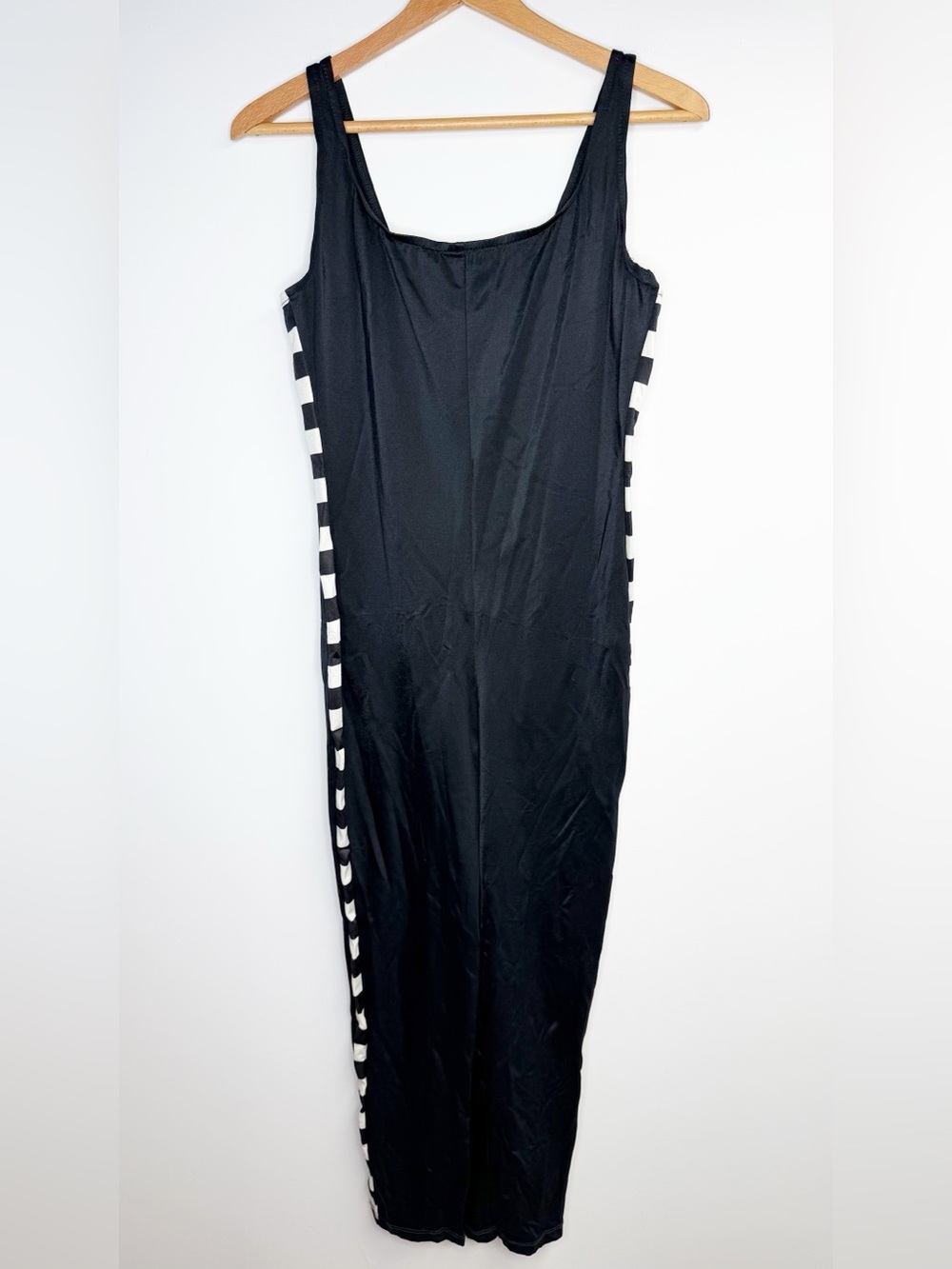Vintage 1980’s Black & White Stripe Spandex Jumpsuit Unitard Large